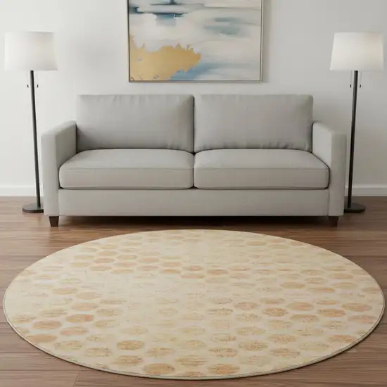 8' Peach And Ivory Geometric Washable Round Rug With UV Protection Photo 2