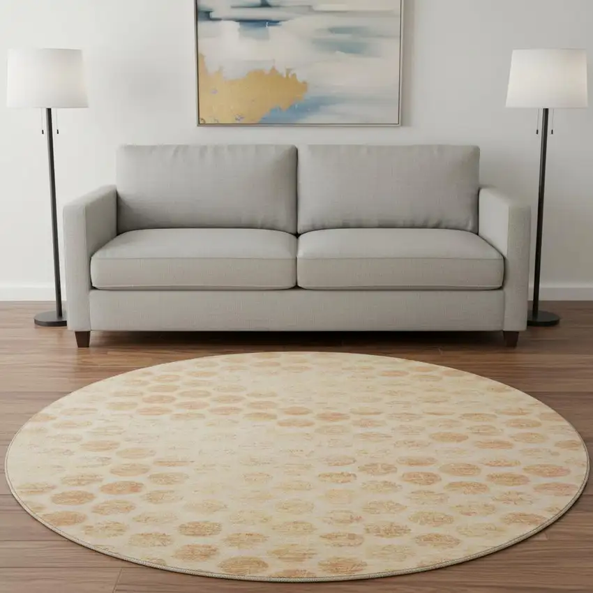 8' Peach And Ivory Geometric Washable Round Rug With UV Protection Photo 2