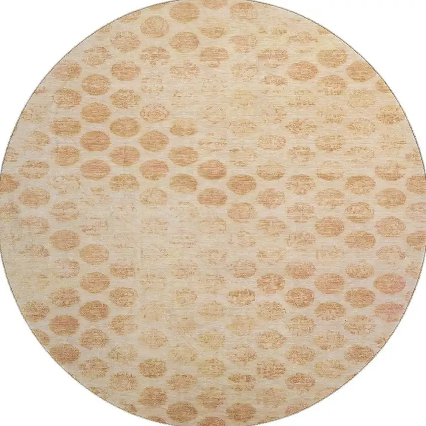 8' Peach And Ivory Geometric Washable Round Rug With UV Protection Photo 2