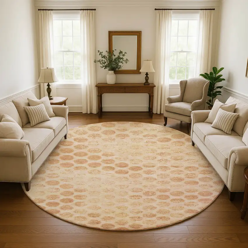 8' Peach And Ivory Geometric Washable Round Rug With UV Protection Photo 4