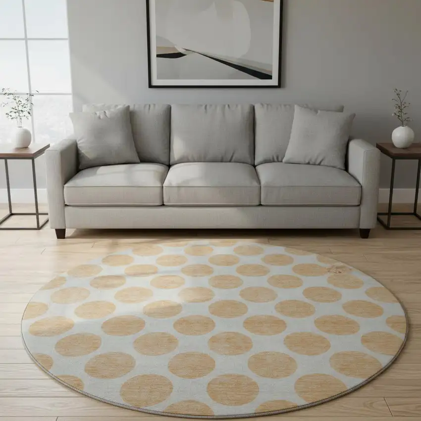 8' Peach And Ivory Polka Dot Washable Round Rug With UV Protection Photo 2