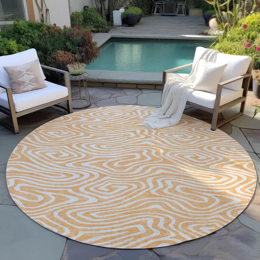 8' Peach And Ivory Round Abstract Washable Indoor Outdoor Area Rug Photo 6