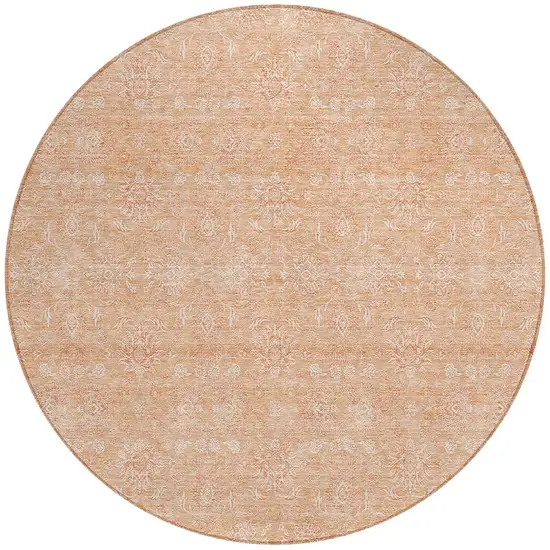 8' Peach And Ivory Round Floral Washable Indoor Outdoor Area Rug Photo 4