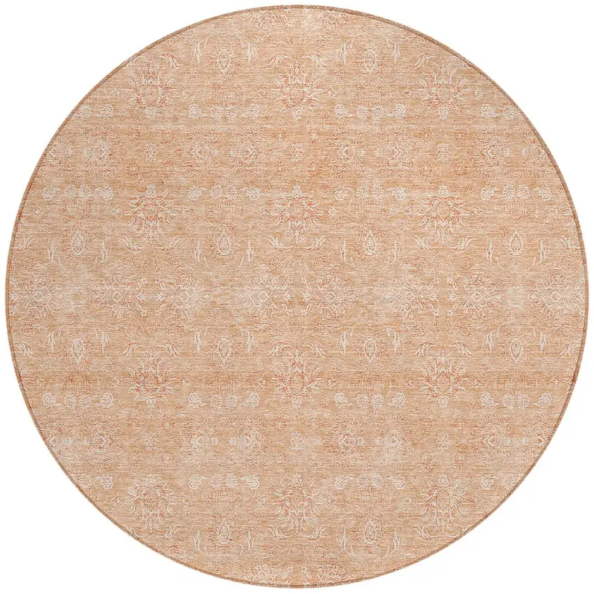 8' Peach And Ivory Round Floral Washable Indoor Outdoor Area Rug Photo 4