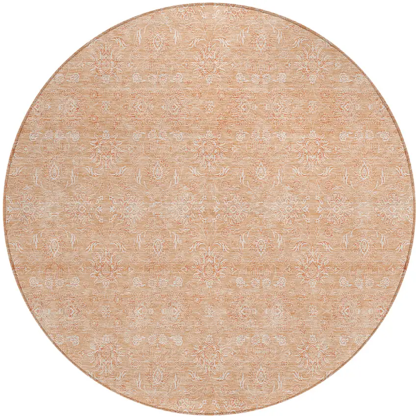 8' Peach And Ivory Round Floral Washable Indoor Outdoor Area Rug Photo 1
