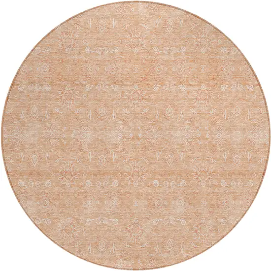 8' Peach And Ivory Round Floral Washable Indoor Outdoor Area Rug Photo 1