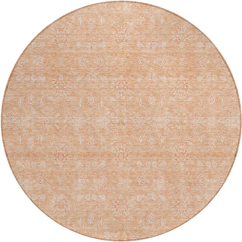 8' Peach And Ivory Round Floral Washable Indoor Outdoor Area Rug Photo 1