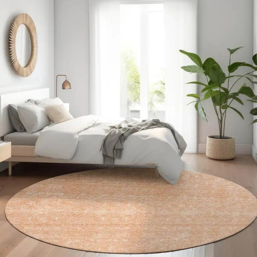 8' Peach And Ivory Round Floral Washable Indoor Outdoor Area Rug Photo 6