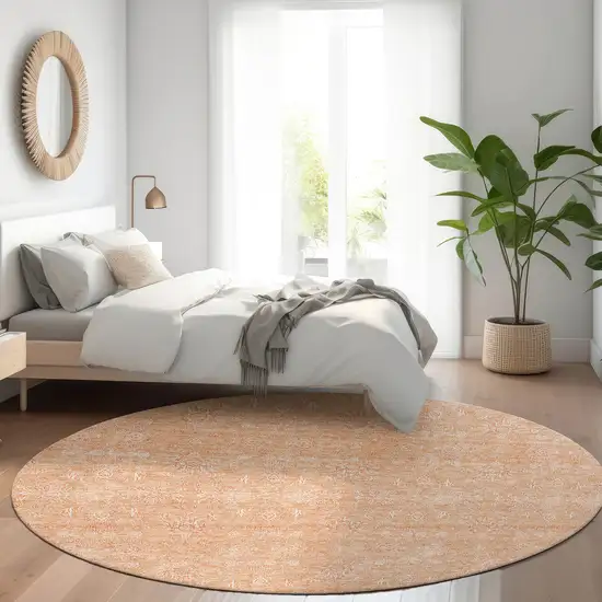 8' Peach And Ivory Round Floral Washable Indoor Outdoor Area Rug Photo 6