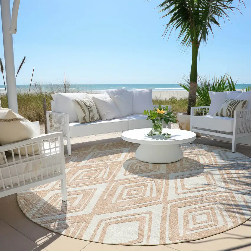 8' Peach And Ivory Round Geometric Washable Indoor Outdoor Area Rug Photo 9