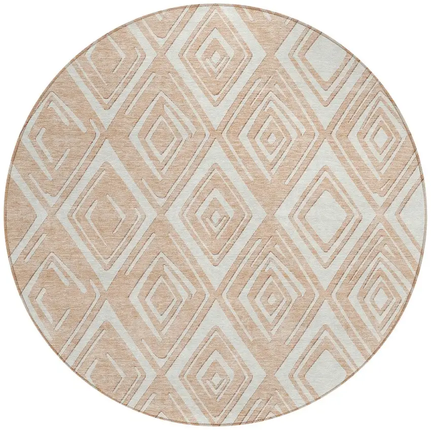 8' Peach And Ivory Round Geometric Washable Indoor Outdoor Area Rug Photo 8