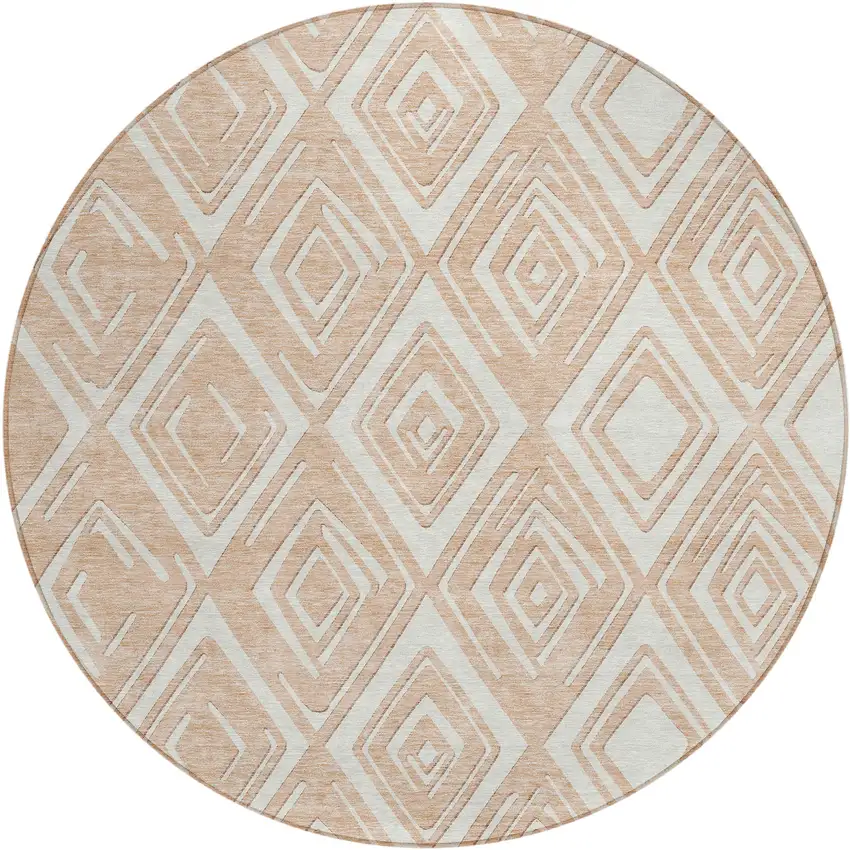 8' Peach And Ivory Round Geometric Washable Indoor Outdoor Area Rug Photo 2