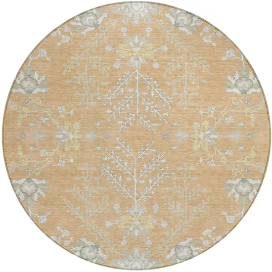 8' Peach And Ivory Round Oriental Washable Indoor Outdoor Area Rug Photo 3