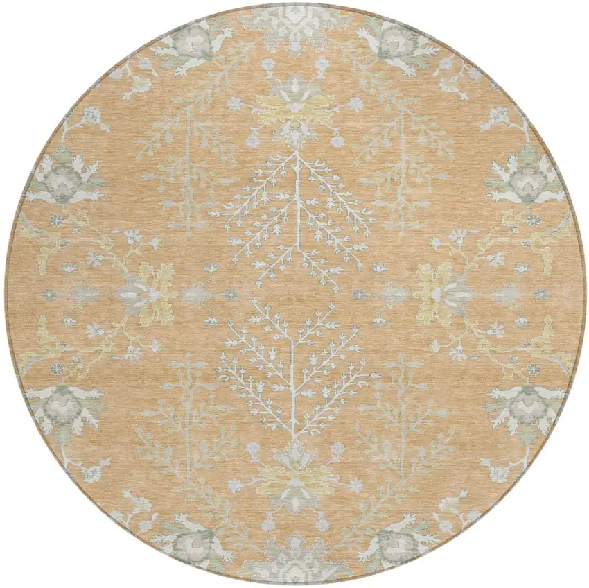 8' Peach And Ivory Round Oriental Washable Indoor Outdoor Area Rug Photo 3