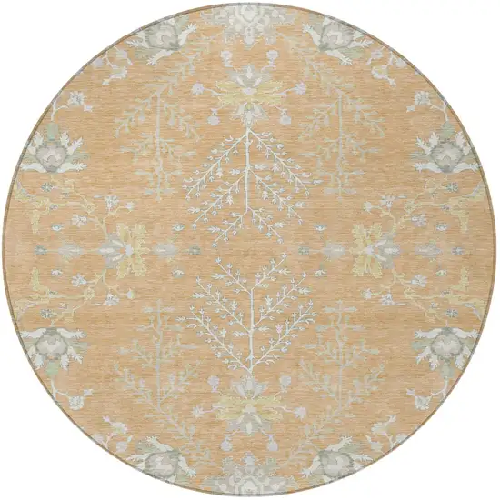 8' Peach And Ivory Round Oriental Washable Indoor Outdoor Area Rug Photo 4