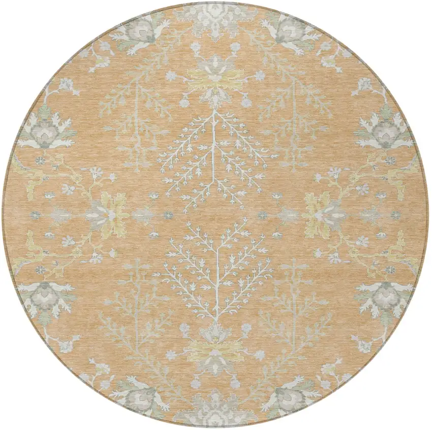 8' Peach And Ivory Round Oriental Washable Indoor Outdoor Area Rug Photo 4