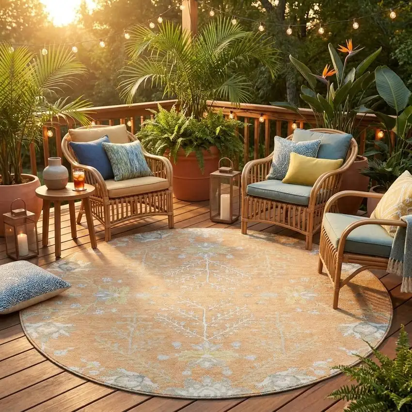 8' Peach And Ivory Round Oriental Washable Indoor Outdoor Area Rug Photo 1