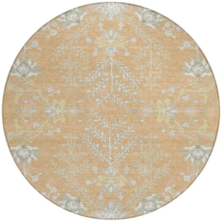 8' Peach And Ivory Round Oriental Washable Indoor Outdoor Area Rug Photo 2