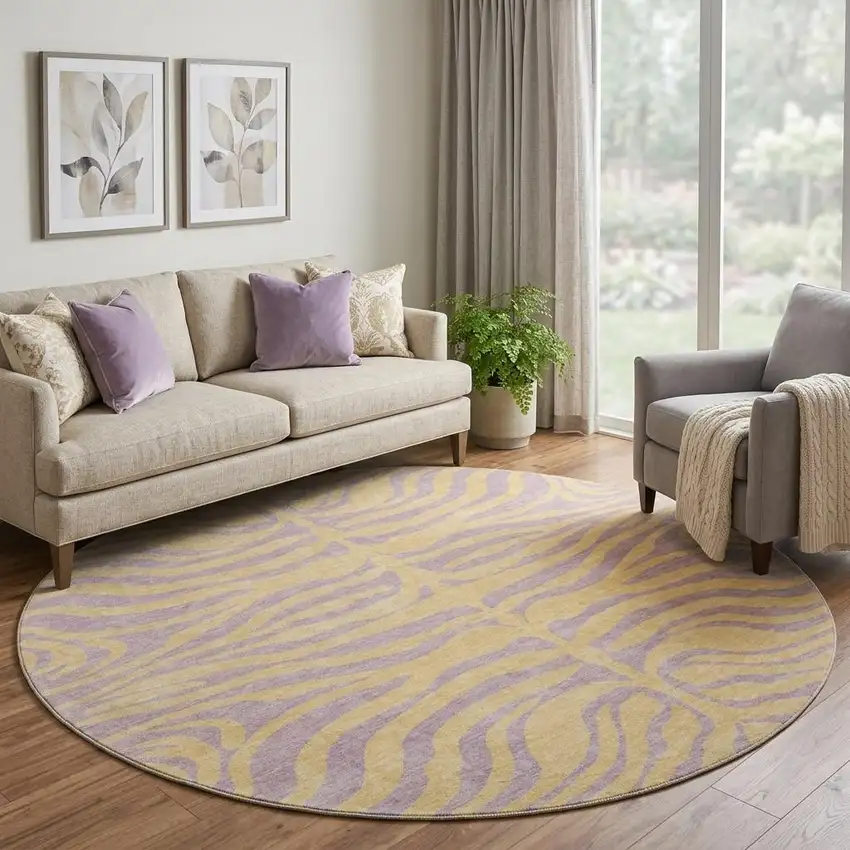 8' Peach And Lavender Animal Print Washable Round Rug With UV Protection Photo 1