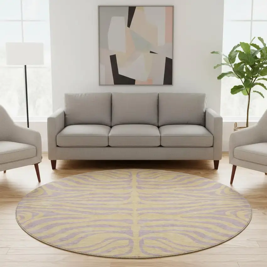 8' Peach And Lavender Animal Print Washable Round Rug With UV Protection Photo 2