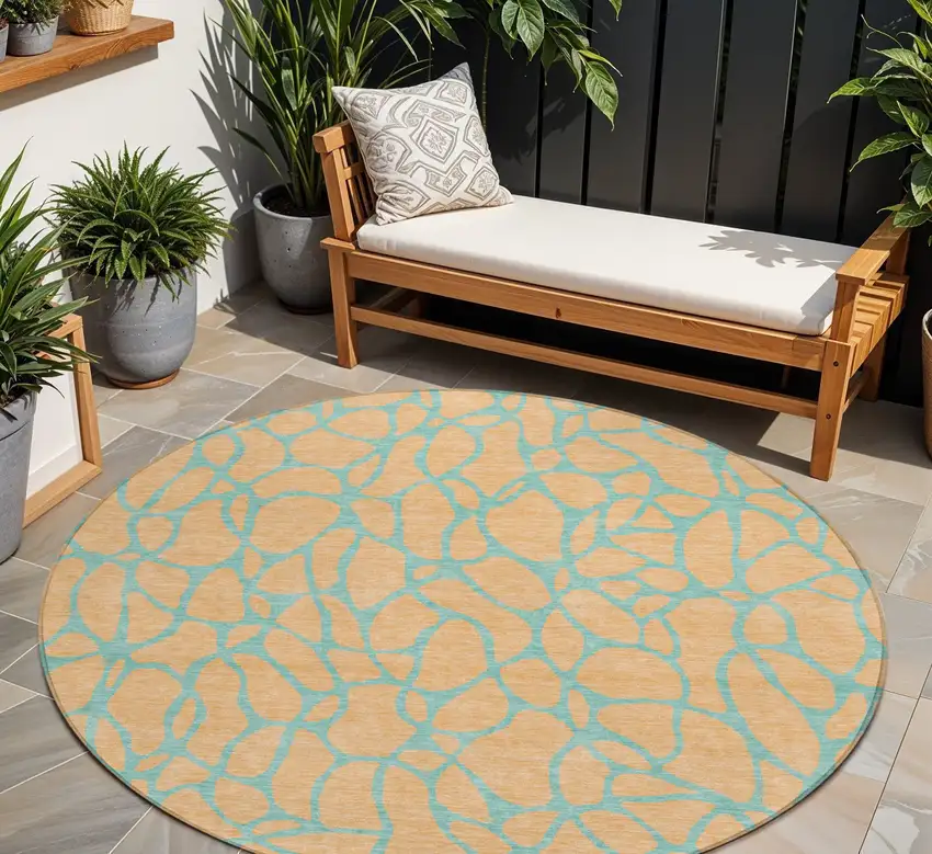 8' Peach And Mint Green Round Geometric Washable Indoor Outdoor Area Rug Photo 1