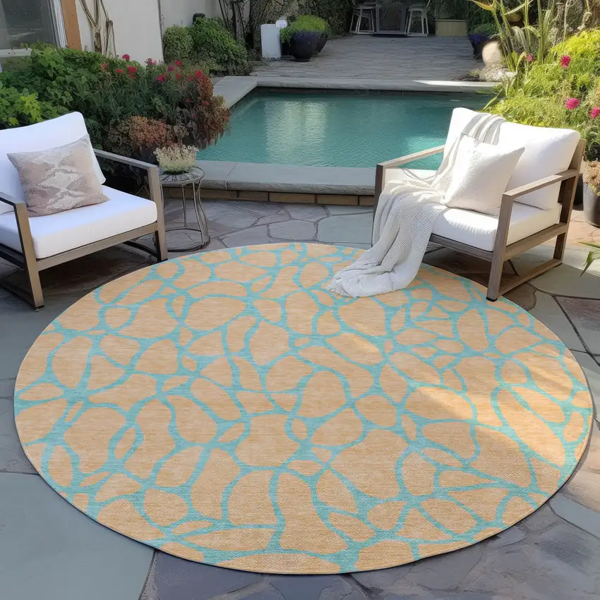 8' Peach And Mint Green Round Geometric Washable Indoor Outdoor Area Rug Photo 5
