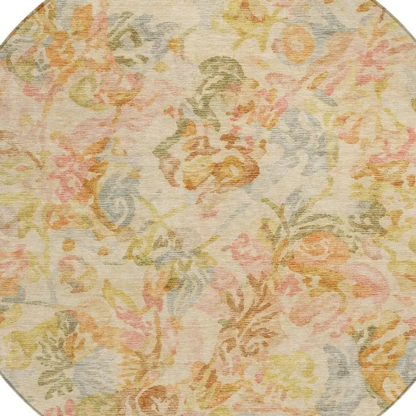 8' Peach And Orange Round Floral Washable Indoor Outdoor Area Rug Photo 3