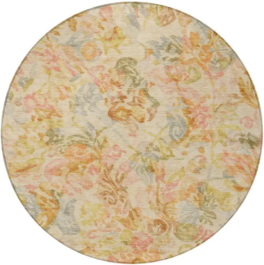 8' Peach And Orange Round Floral Washable Indoor Outdoor Area Rug Photo 4