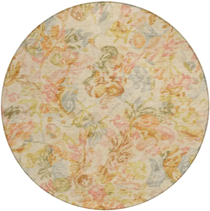 8' Peach And Orange Round Floral Washable Indoor Outdoor Area Rug Photo 2