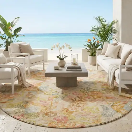 8' Peach And Orange Round Floral Washable Indoor Outdoor Area Rug Photo 1