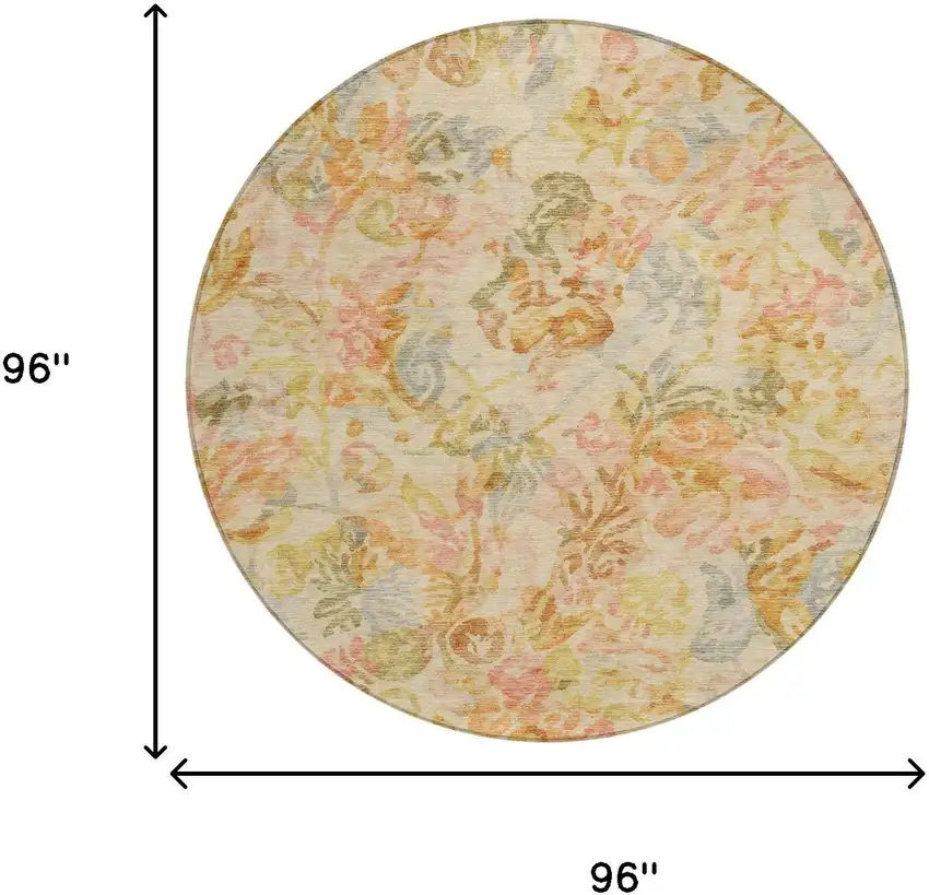 8' Peach And Orange Round Floral Washable Indoor Outdoor Area Rug Photo 7