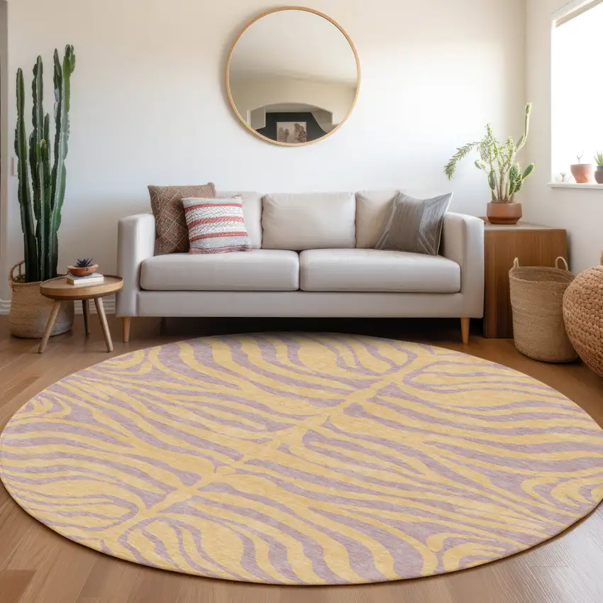 8' Peach And Purple Round Animal Print Washable Indoor Outdoor Area Rug Photo 8