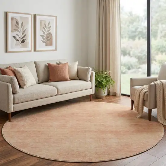 8' Peach And Salmon Abstract Washable Round Rug With UV Protection Photo 1