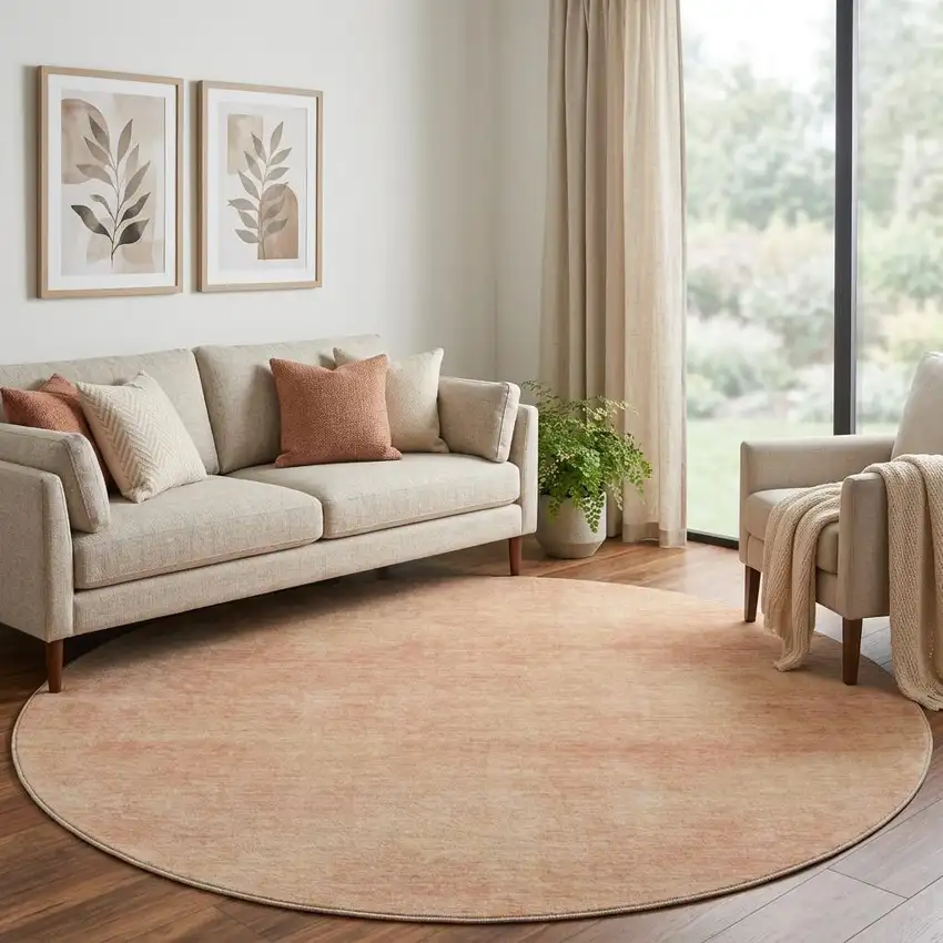 8' Peach And Salmon Abstract Washable Round Rug With UV Protection Photo 1