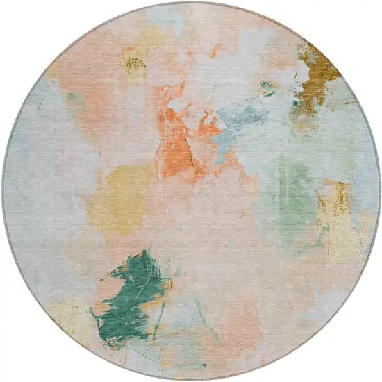 8' Peach And Teal Blue Round Abstract Washable Indoor Outdoor Area Rug Photo 1