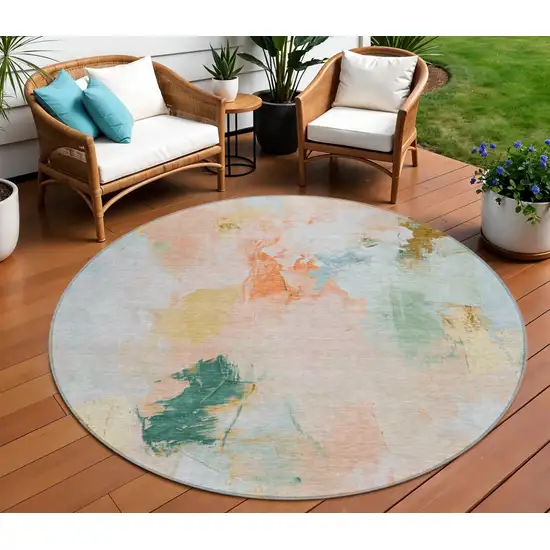8' Peach And Teal Blue Round Abstract Washable Indoor Outdoor Area Rug Photo 2
