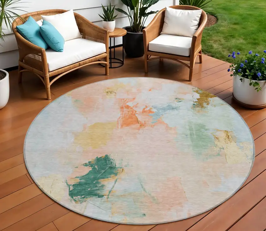 8' Peach And Teal Blue Round Abstract Washable Indoor Outdoor Area Rug Photo 2