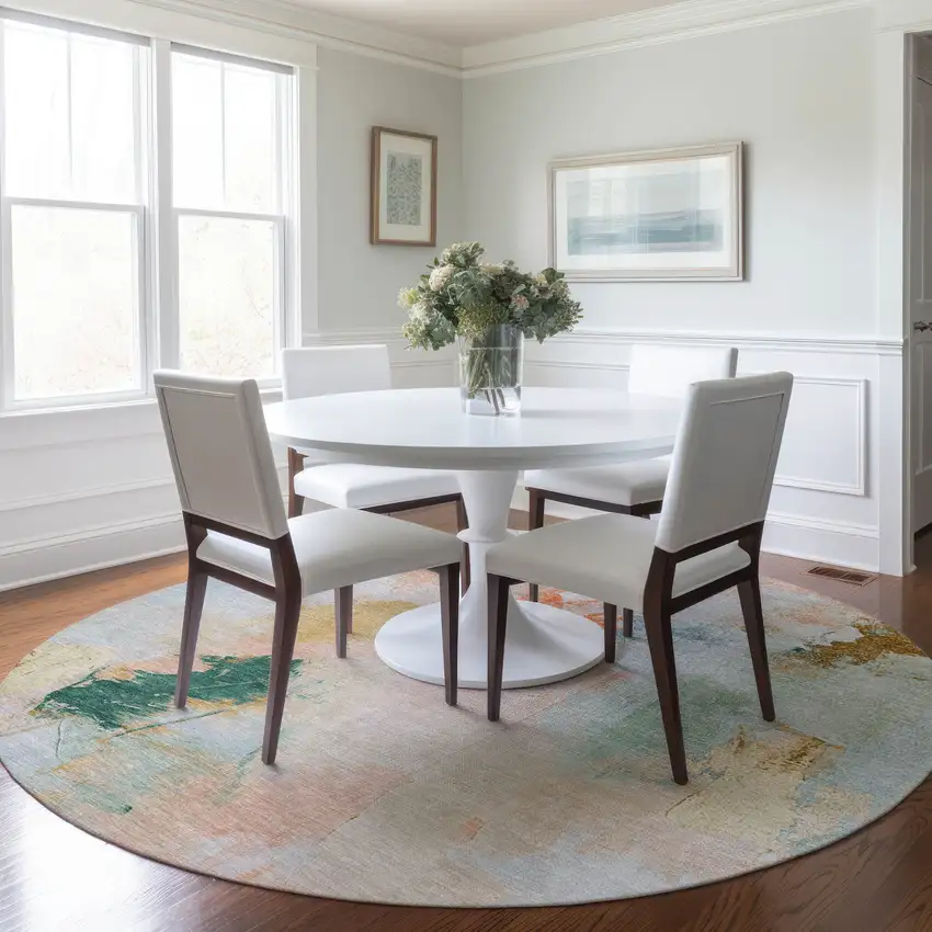 8' Peach And Teal Blue Round Abstract Washable Indoor Outdoor Area Rug Photo 6