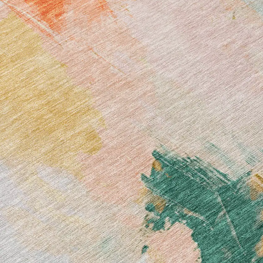 8' Peach And Teal Blue Round Abstract Washable Indoor Outdoor Area Rug Photo 9