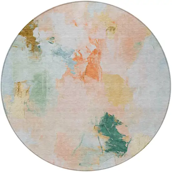 8' Peach And Teal Blue Round Abstract Washable Indoor Outdoor Area Rug Photo 4