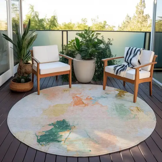 8' Peach And Teal Blue Round Abstract Washable Indoor Outdoor Area Rug Photo 5