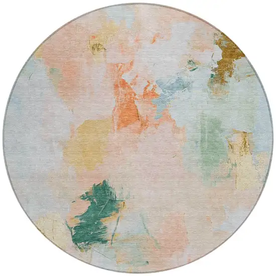 8' Peach And Teal Blue Round Abstract Washable Indoor Outdoor Area Rug Photo 3