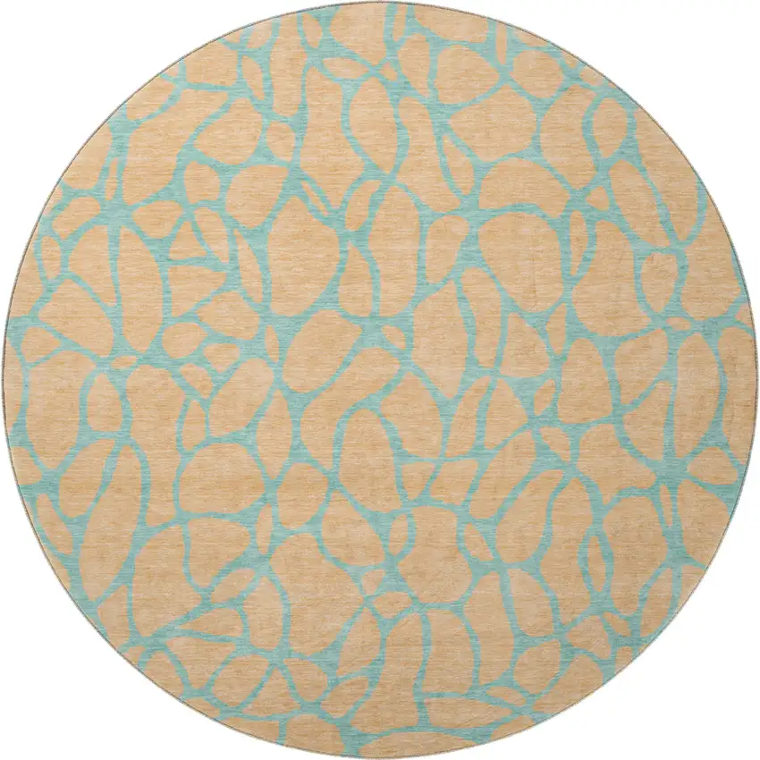 8' Peach And Teal Geometric Washable Round Rug With UV Protection Photo 3