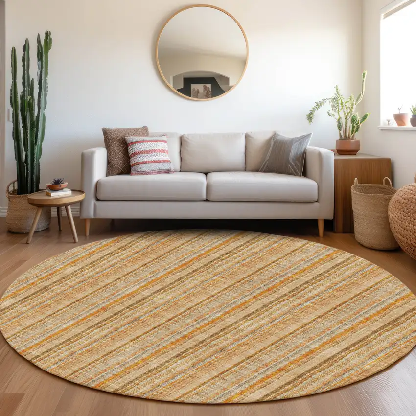 8' Peach Beige And Orange Striped Washable Round Rug With UV Protection Photo 4
