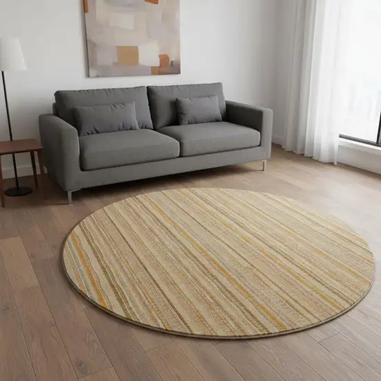 8' Peach Beige And Orange Striped Washable Round Rug With UV Protection Photo 2