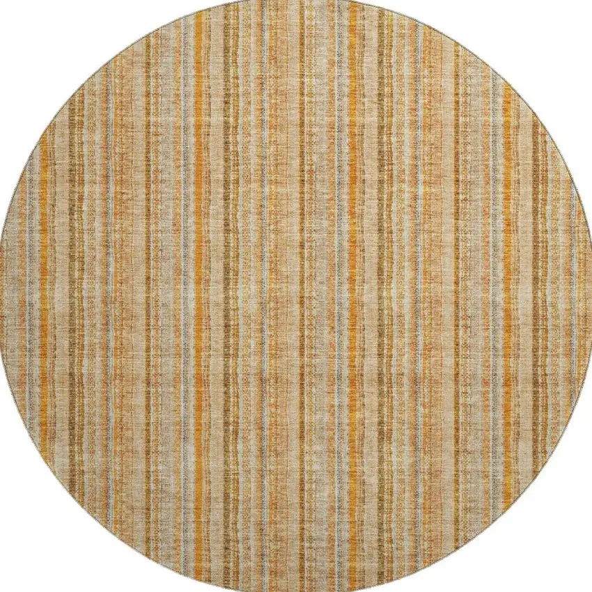 8' Peach Beige And Orange Striped Washable Round Rug With UV Protection Photo 3