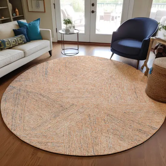 8' Peach Blue And Ivory Round Abstract Washable Indoor Outdoor Area Rug Photo 7