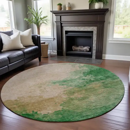 8' Peach Emerald And Beige Abstract Washable Round Rug With UV Protection Photo 4