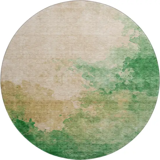 8' Peach Emerald And Beige Abstract Washable Round Rug With UV Protection Photo 1