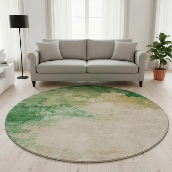 8' Peach Emerald And Beige Abstract Washable Round Rug With UV Protection Photo 2